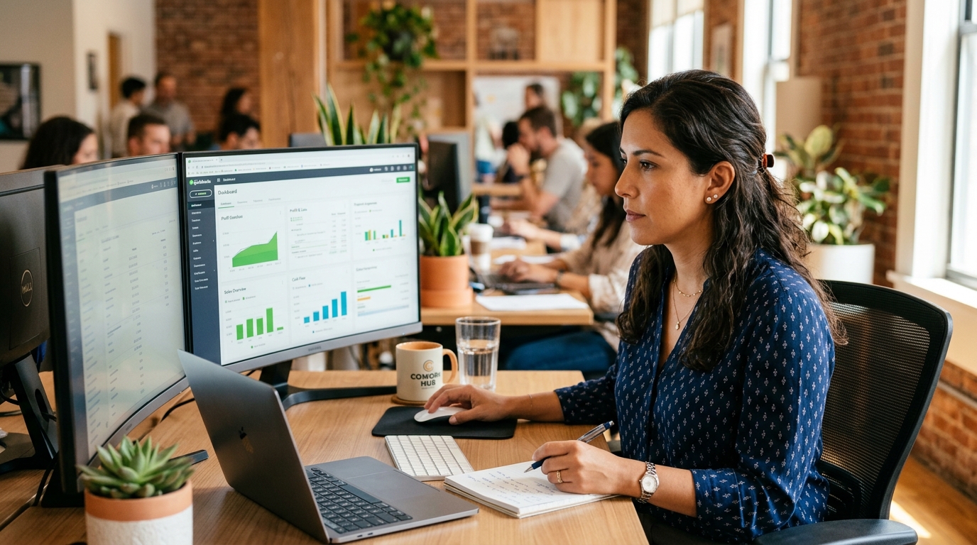 Latin American virtual accountant reviewing QuickBooks dashboard — nearshore staffing solution for accounting firm practice management 2026