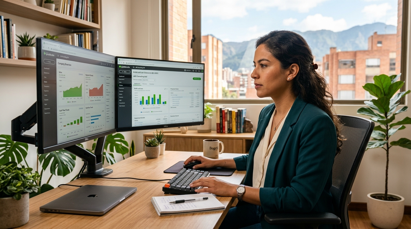 Latin American virtual accountant in Bogotá reviewing QuickBooks dashboard as part of an accounting firm practice strategy and outsourcing workflow in 2026