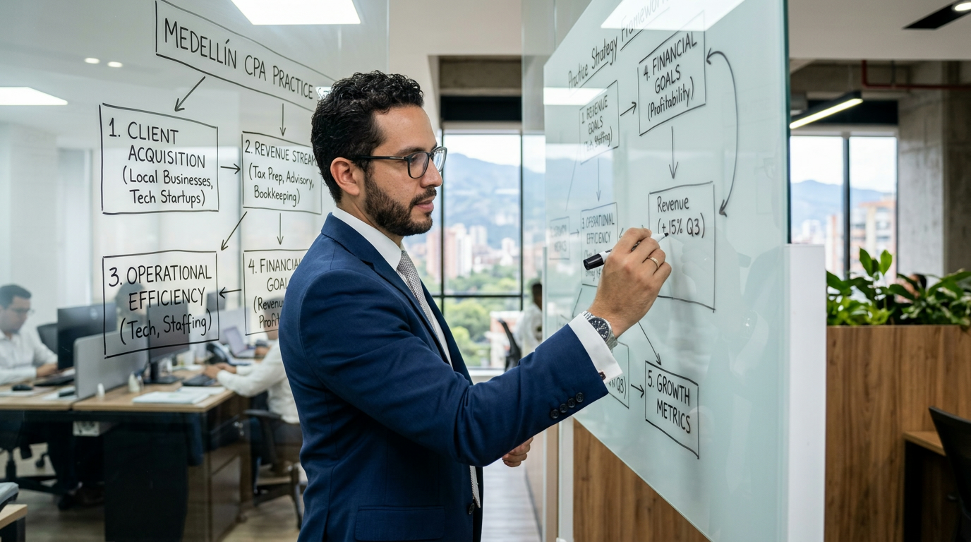 Latin American virtual accounting professional in Medellín mapping an accounting firm practice strategy and outsourcing framework on a whiteboard