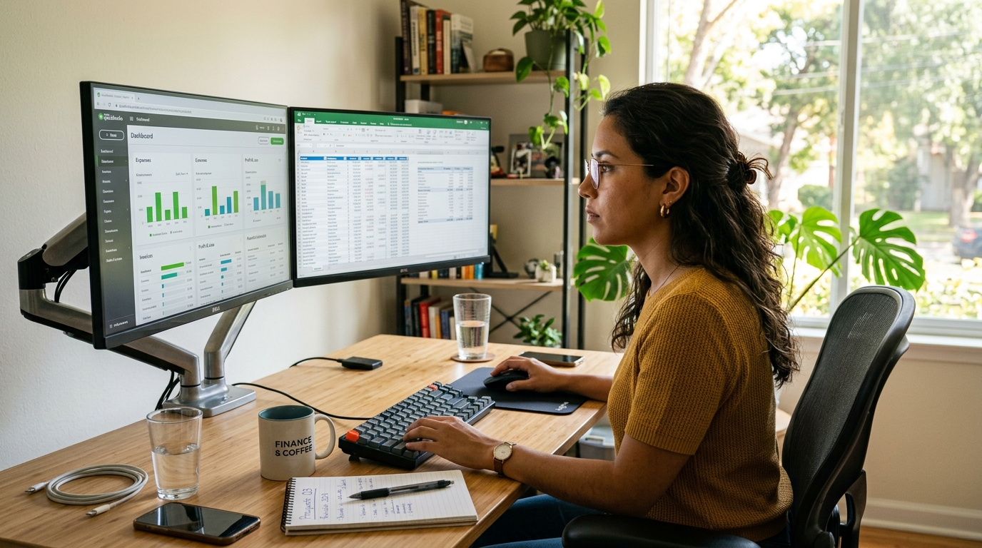 Latin American virtual accountant reviewing financial data on dual monitors — accounting firm staff management best practices 2026