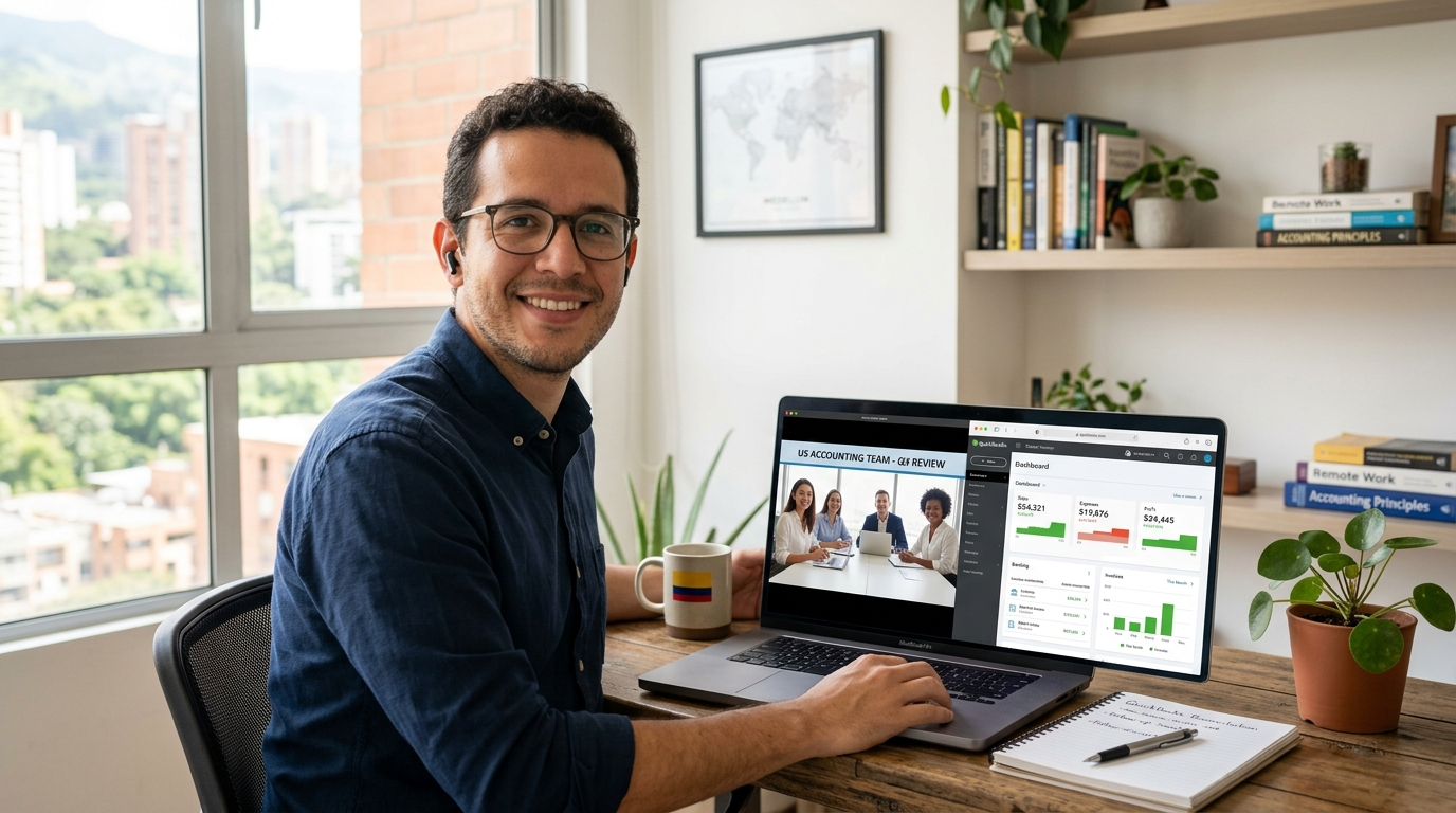 Nearshore virtual accounting staff member on video call with US accounting firm team, QuickBooks visible on screen