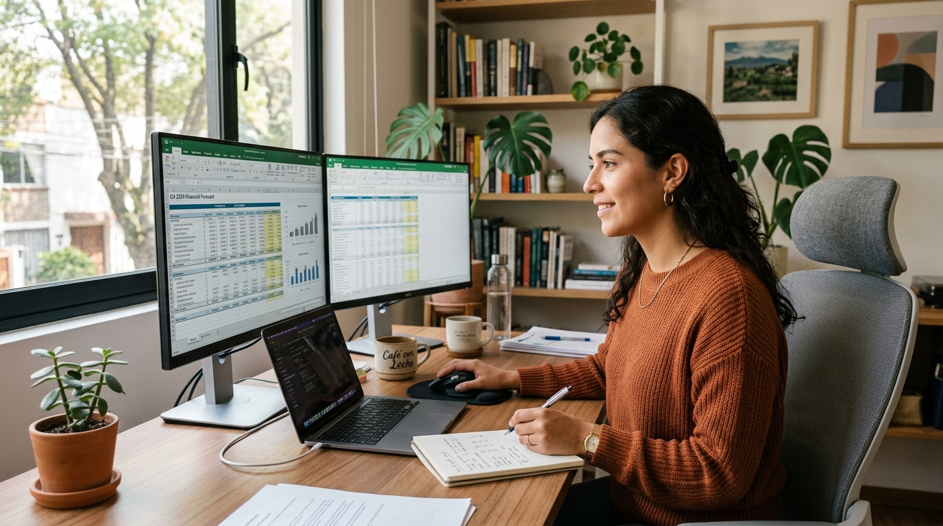 Latin American accounting virtual assistant reviewing financial reports for a US business — accounting nearsourcing firm placement in 2026