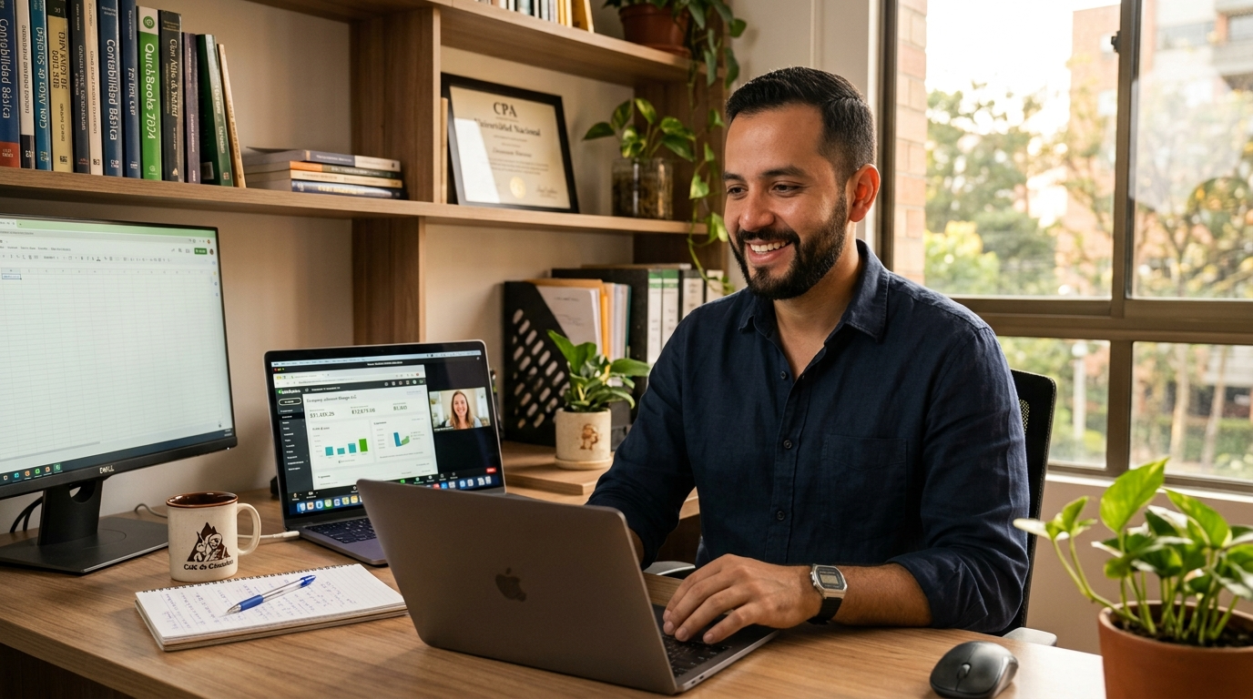 Nearshore bookkeeper on a video call with a US client using QuickBooks — accounting nearsourcing firm in action
