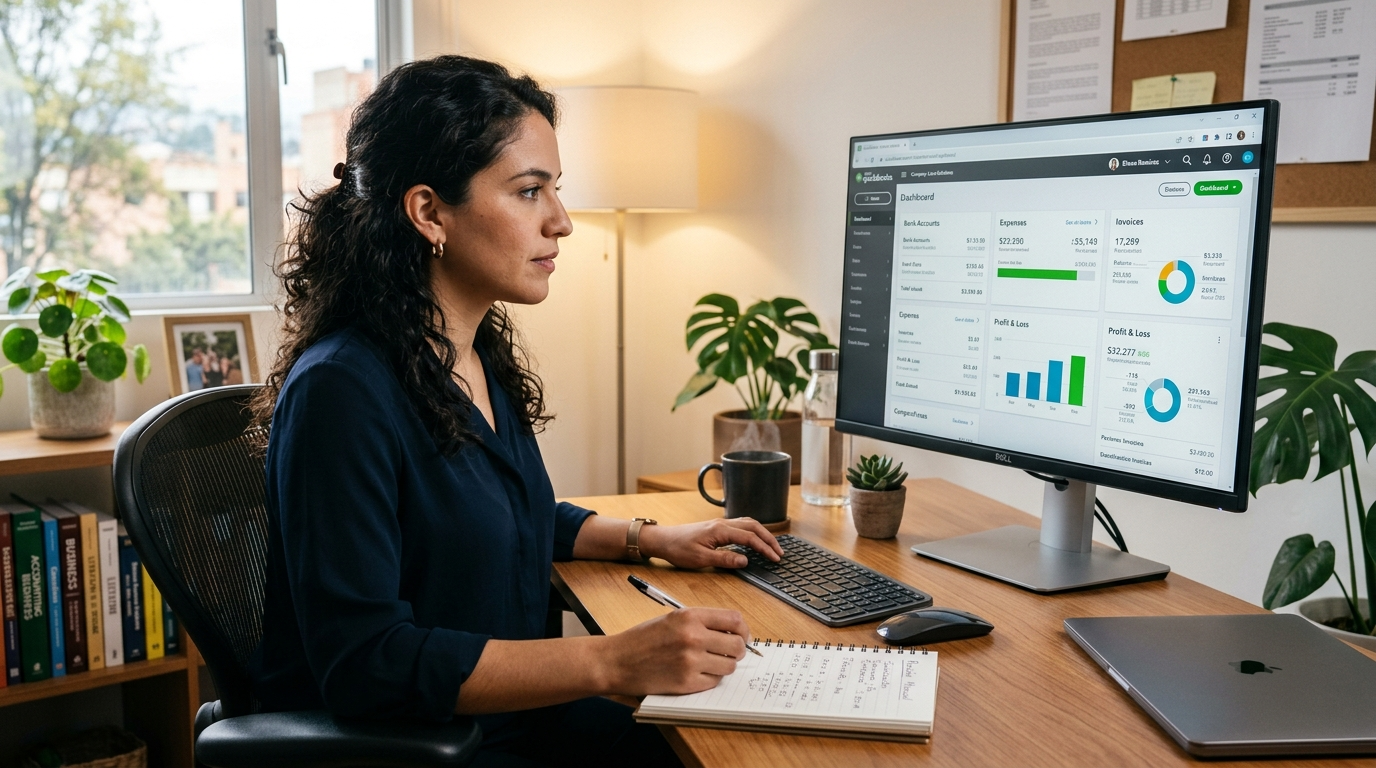 Nearshore accounting VA reviewing QuickBooks dashboard — AI-assisted bookkeeping from an accounting nearsourcing firm