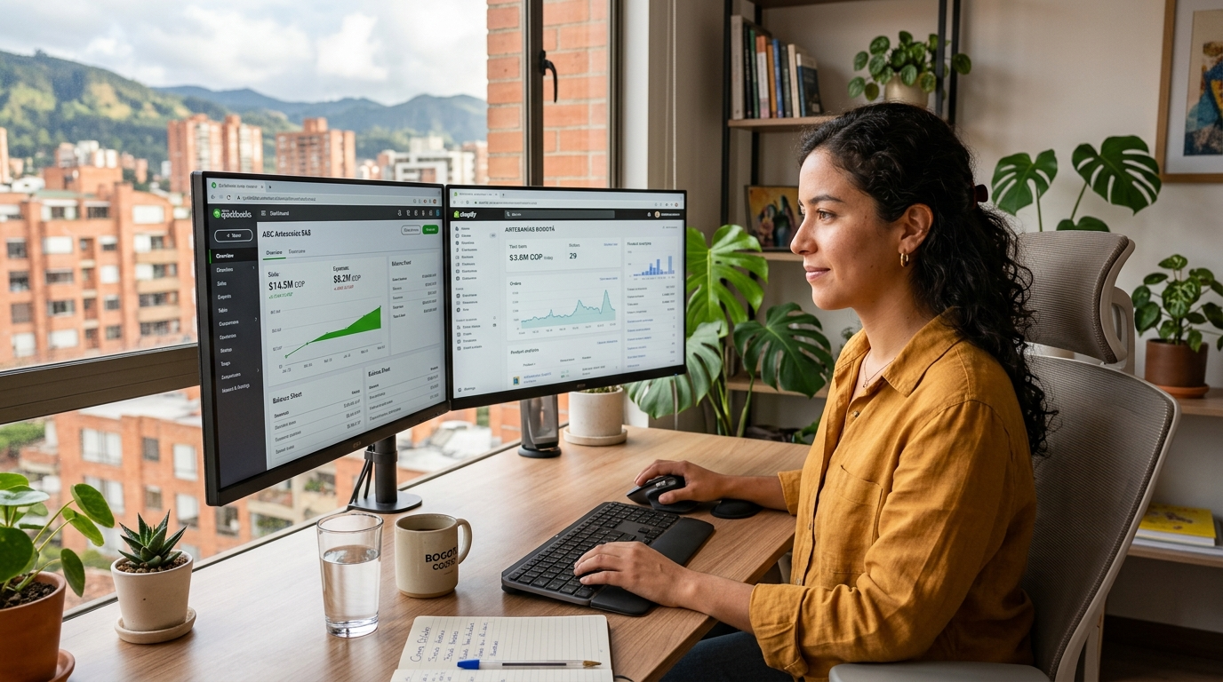 Nearshore Latin American accountant reviewing ecommerce accounting data on QuickBooks and Shopify dashboards for a US client