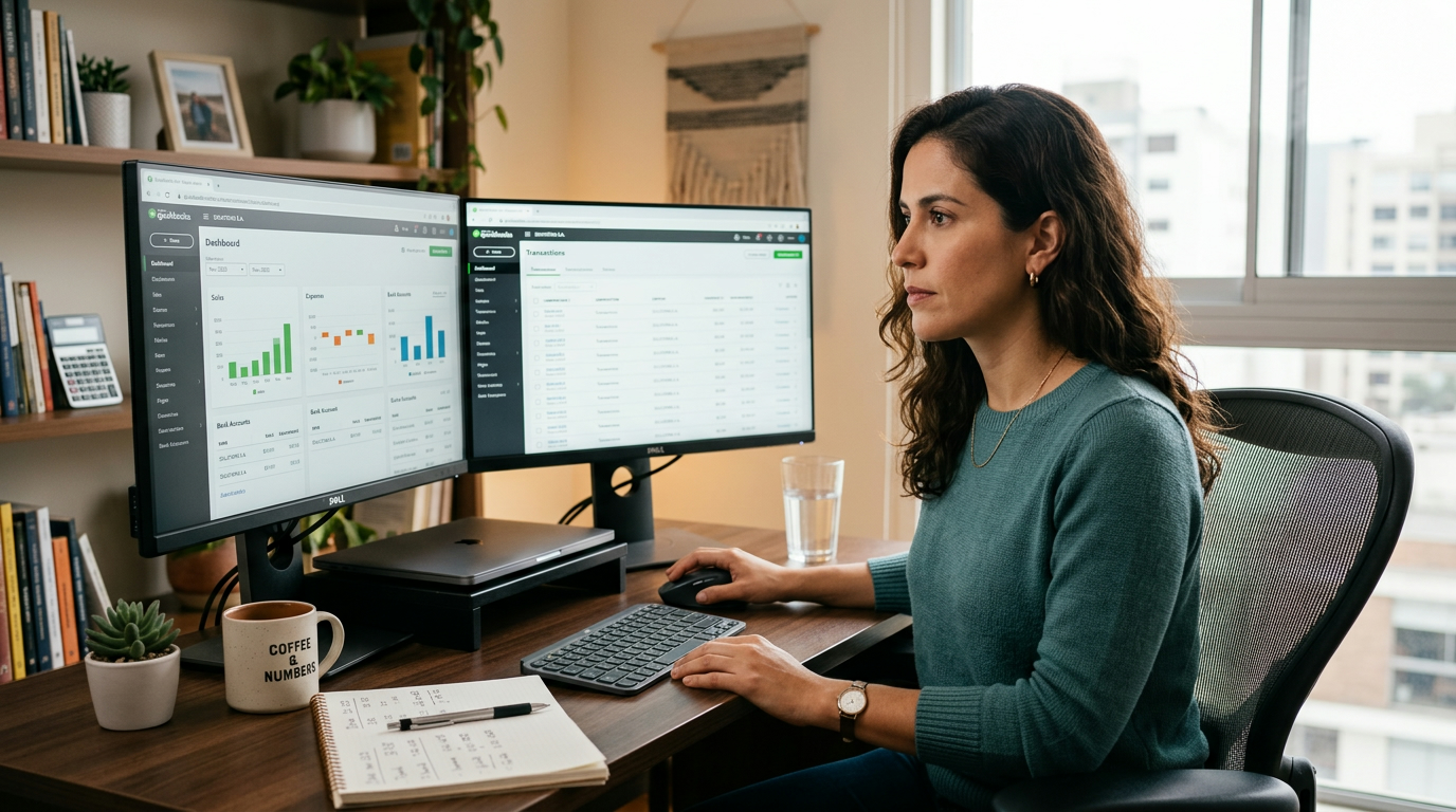 Latin American accounting virtual assistant reviewing QuickBooks dashboard for US accounting practice HR management and staff retention