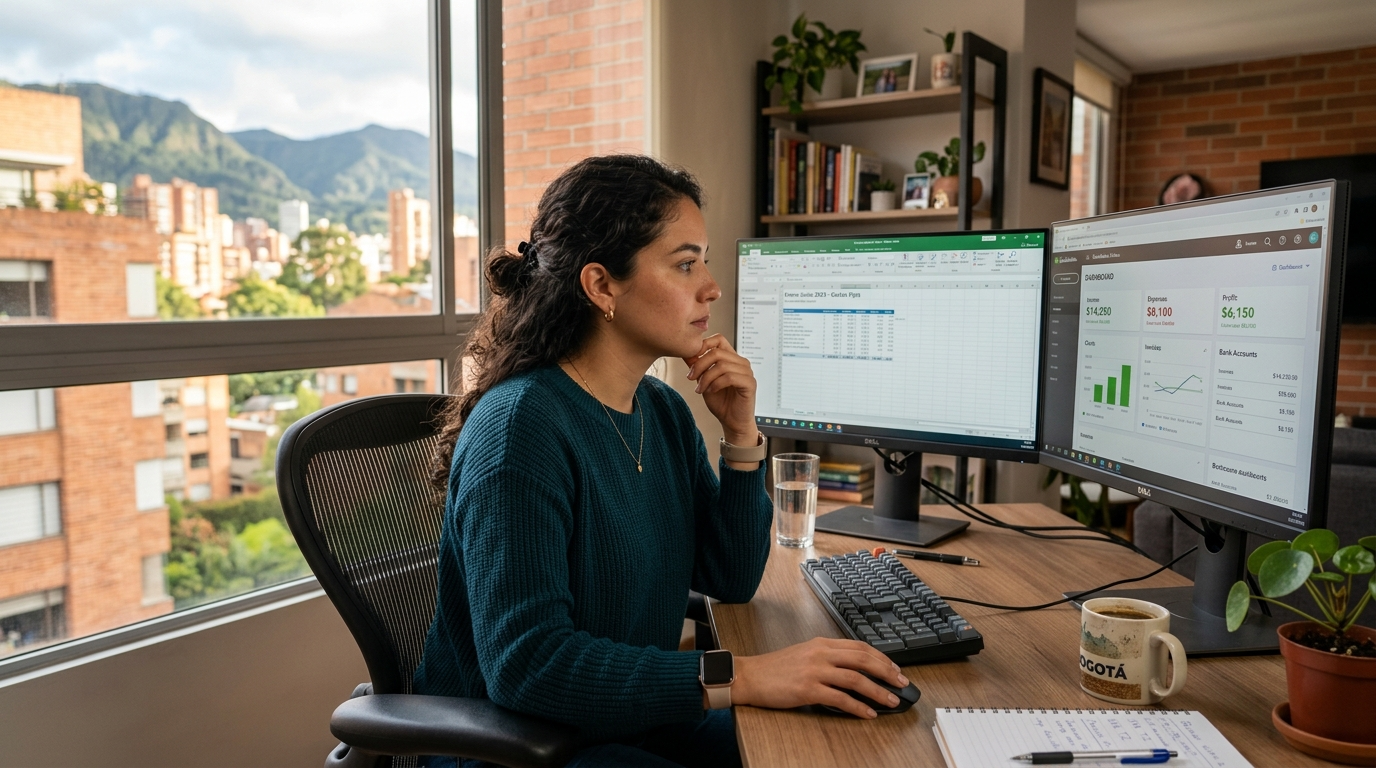 Latin American accounting virtual assistant reviewing QuickBooks dashboard — nearshore accounting service provider in LATAM 2026