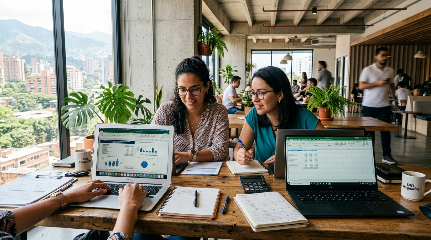 Latin American accountants working in Medellín co-working space — nearshore accounting service provider in LATAM