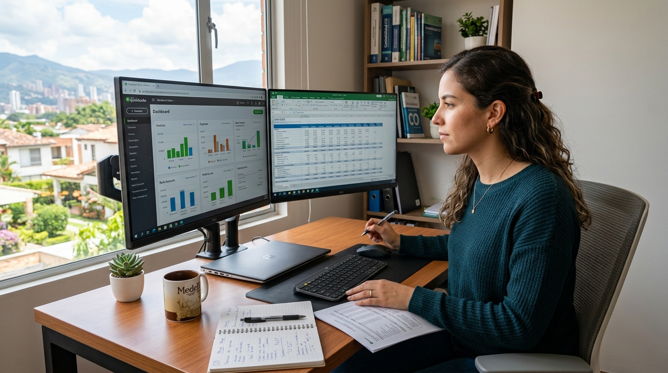 Latin American accounting virtual assistant reviewing QuickBooks dashboard — nearshore accounting service provider in LATAM, 2026