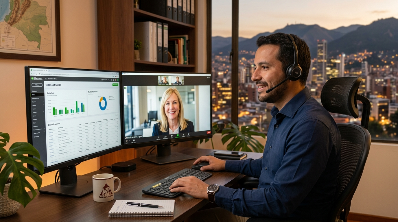 Nearshore LATAM accountant on video call with US client reviewing financial reports — accounting service provider review 2026