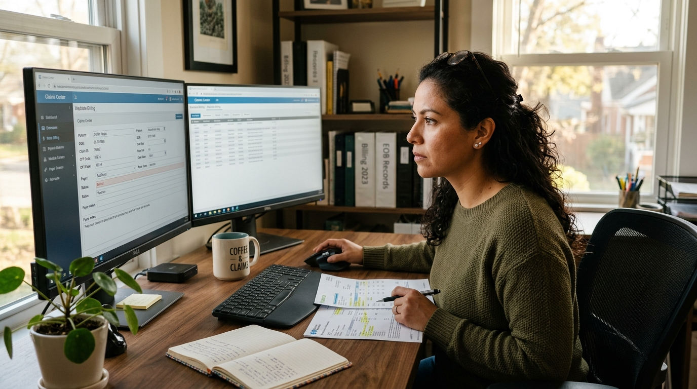 Nearshore medical billing specialist reviewing accounts receivable follow-up tasks on dual monitors with insurance documents nearby