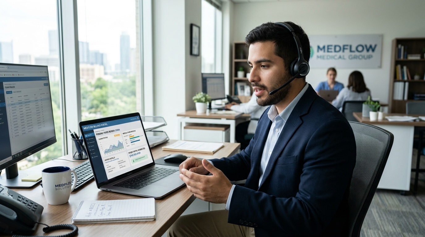 Nearshore AR follow-up specialist on a call with an insurance payer reviewing medical billing accounts receivable claims