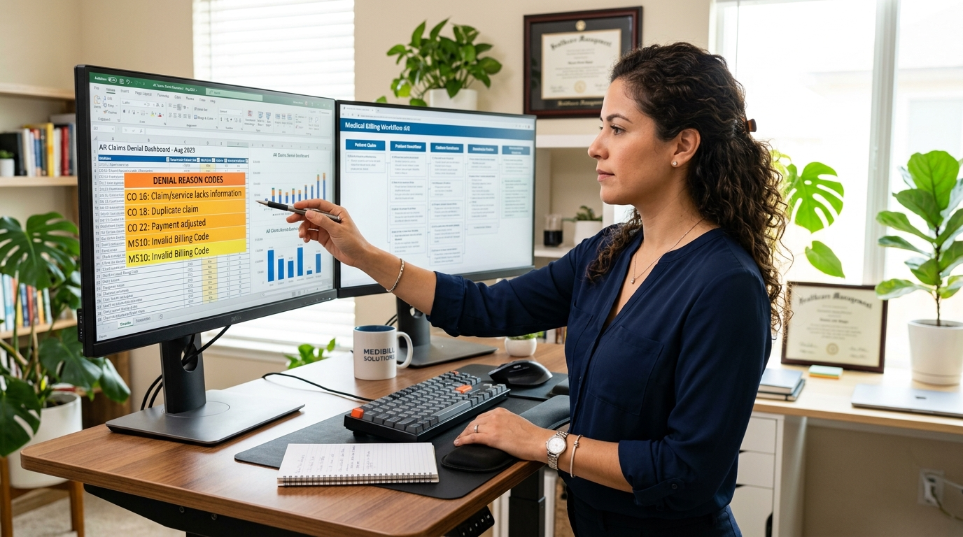 Nearshore medical billing AR specialist reviewing denial reason codes on a billing software dashboard for accounts receivable follow-up
