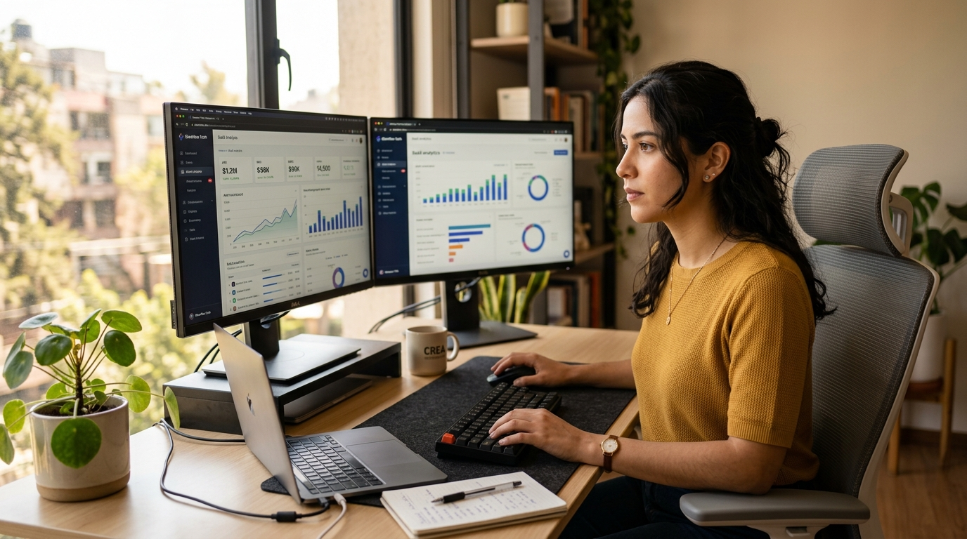 Latin American nearshore virtual assistant providing affordable tech staffing services for non-technical founders at a dual-monitor home office setup