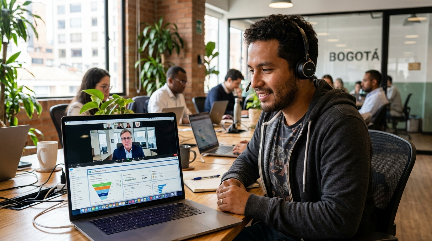 Nearshore tech VA on a video call with a non-technical founder, CRM dashboard visible on laptop screen in a modern Latin American coworking space