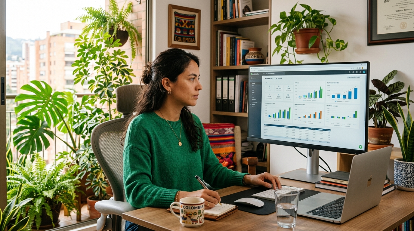 Nearshore bookkeeping VA in Latin America reviewing a financial dashboard, providing affordable tech staffing services for a non-technical small business founder