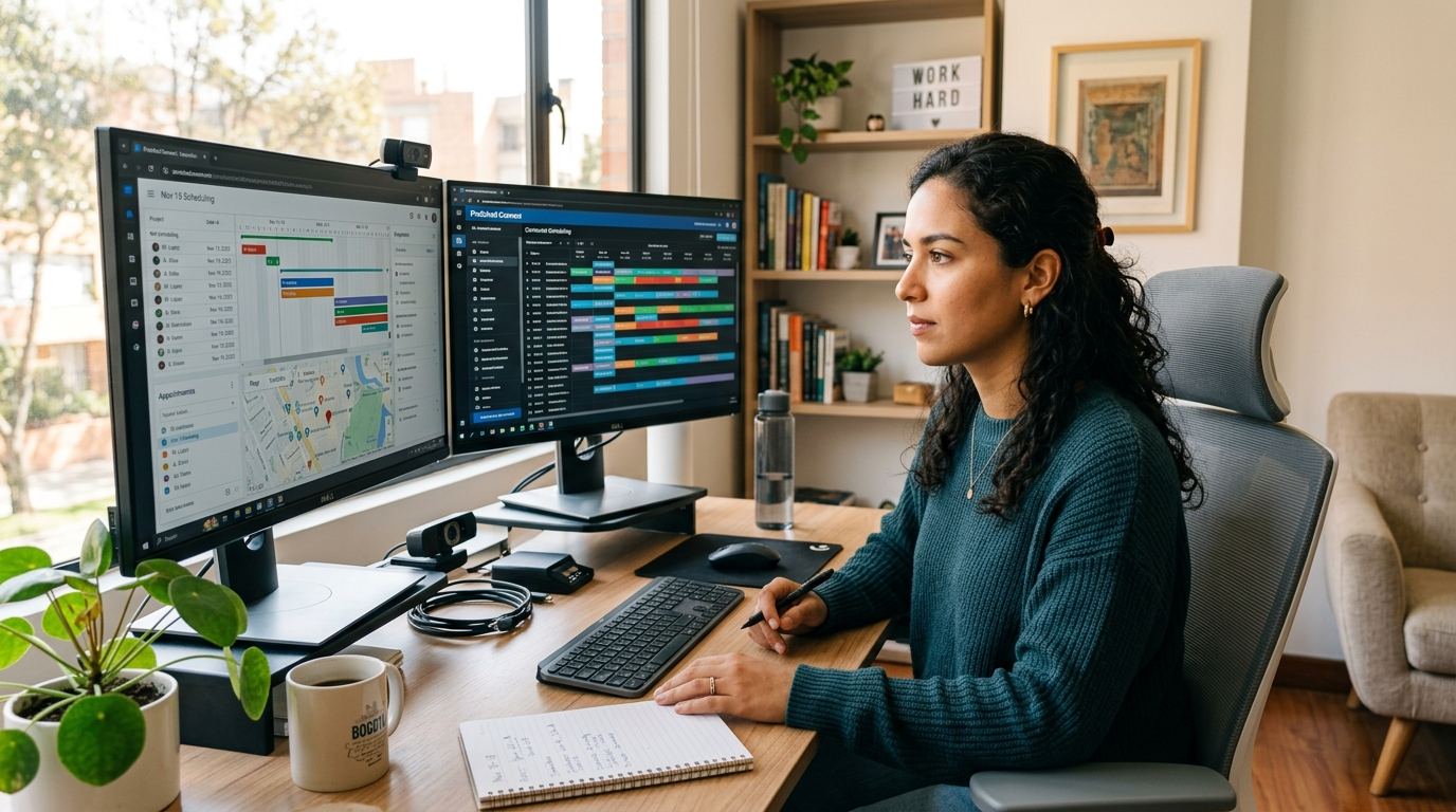 Latin American virtual assistant managing contractor scheduling on dual monitors — affordable virtual assistant services for contractors in 2026