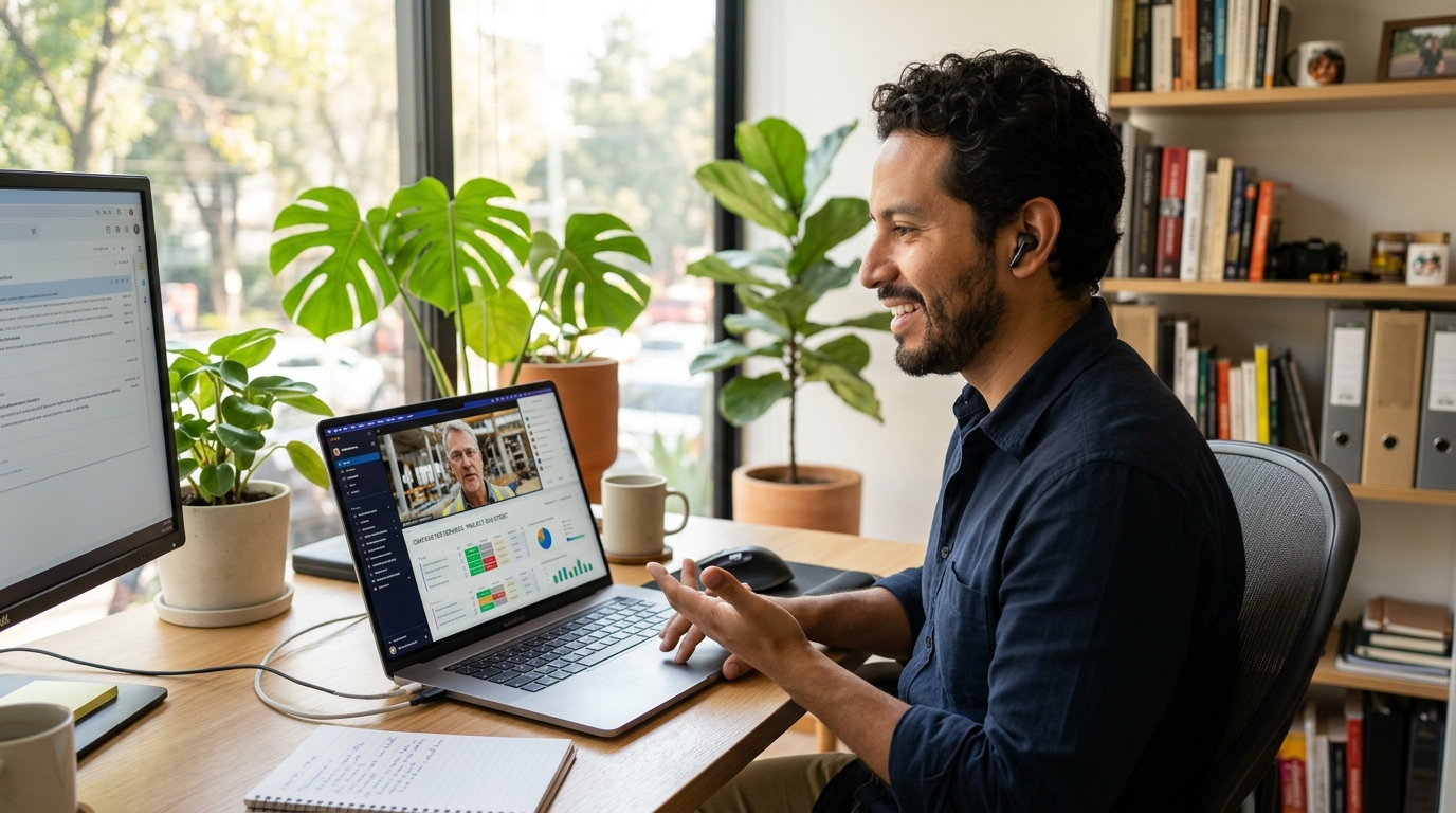 Nearshore virtual assistant on video call supporting a US contractor with scheduling and project coordination