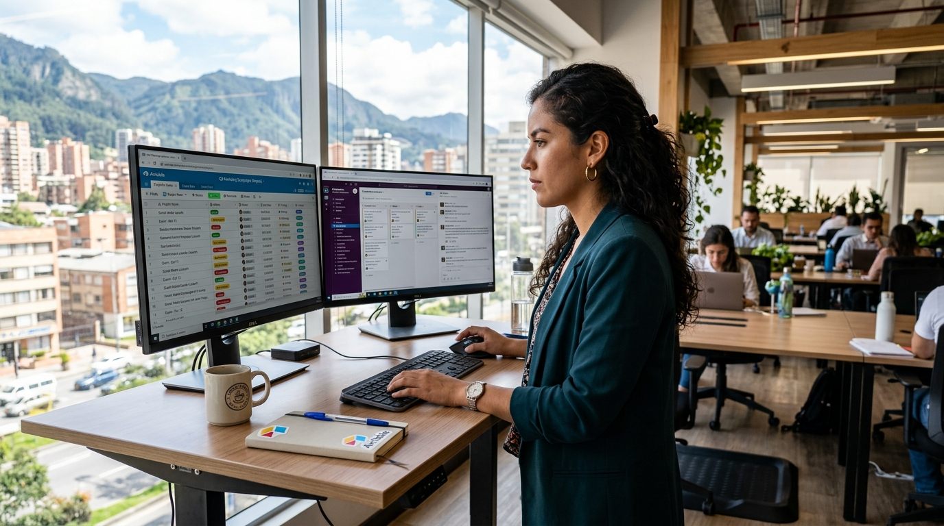 Nearshore Airtable virtual assistant reviewing a color-coded Airtable base on dual monitors in a Latin American coworking space