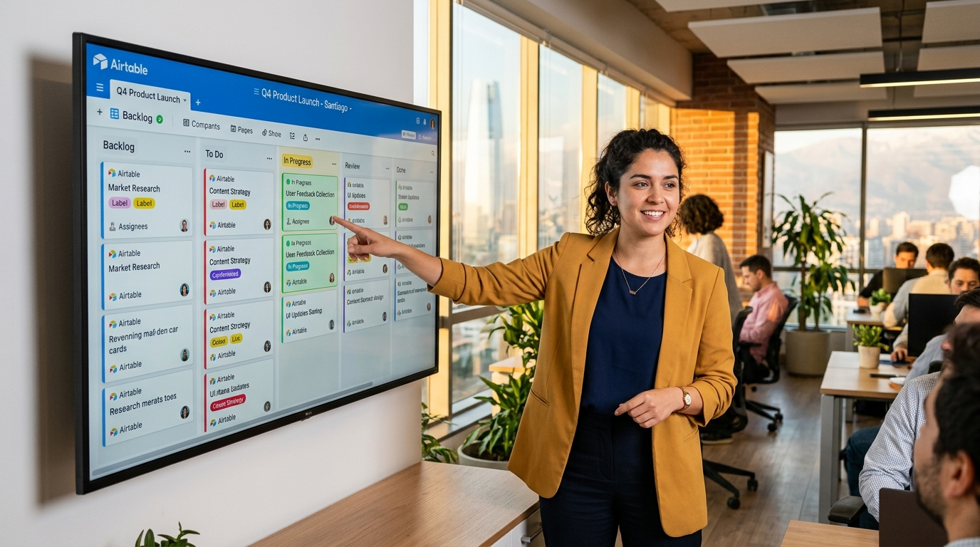 Nearshore Airtable virtual assistant presenting a kanban board view to a remote team, Latin American office setting