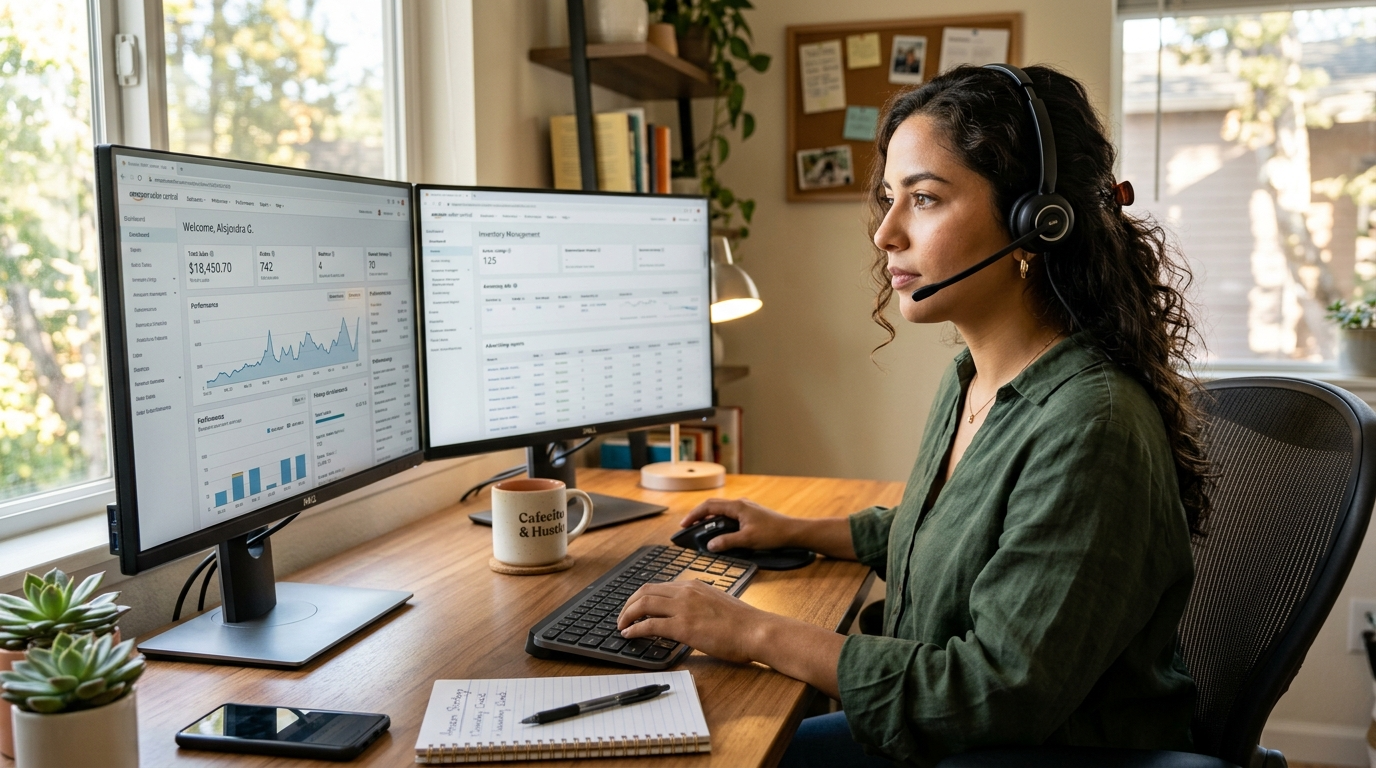 Latin American Amazon customer service virtual assistant managing Seller Central messages and A-to-Z claims on dual monitors