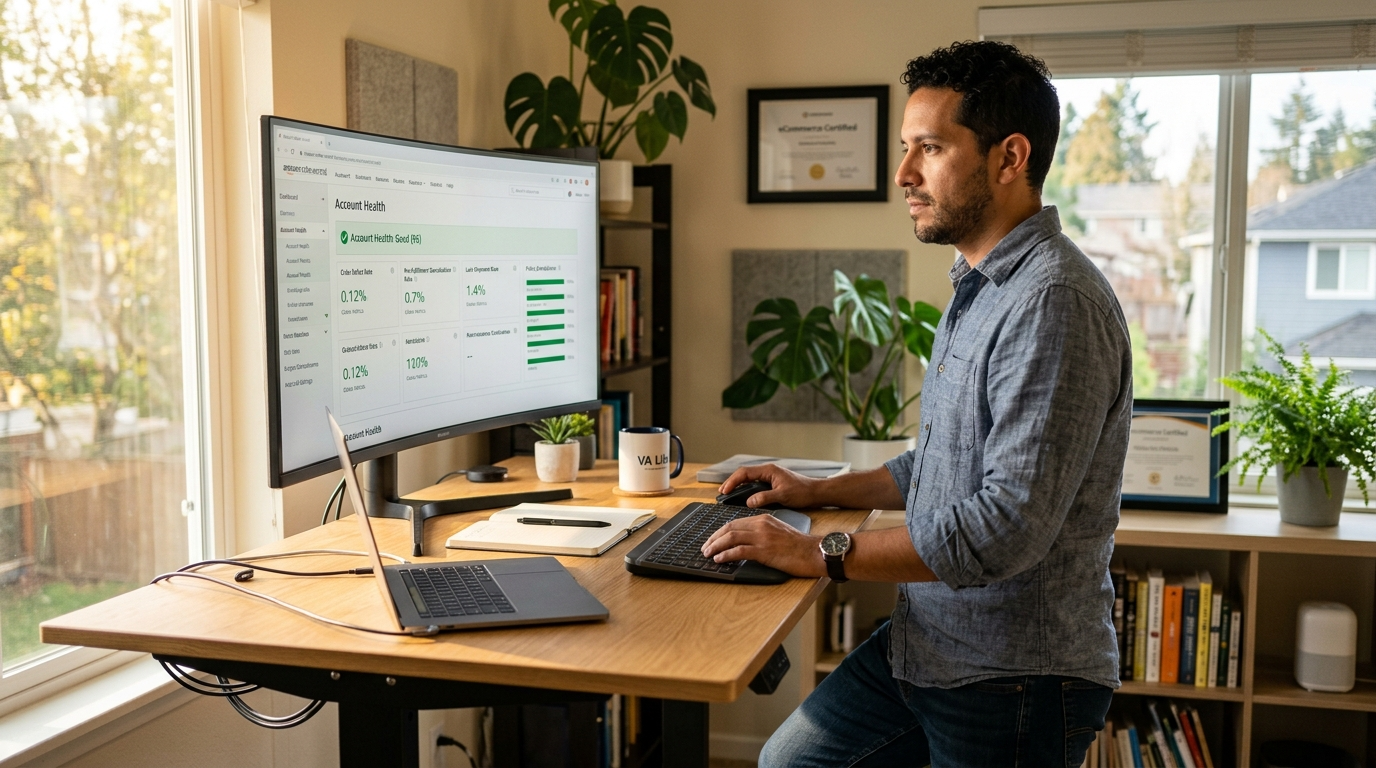 Amazon customer service virtual assistant reviewing Seller Central account health dashboard in a Latin American home office