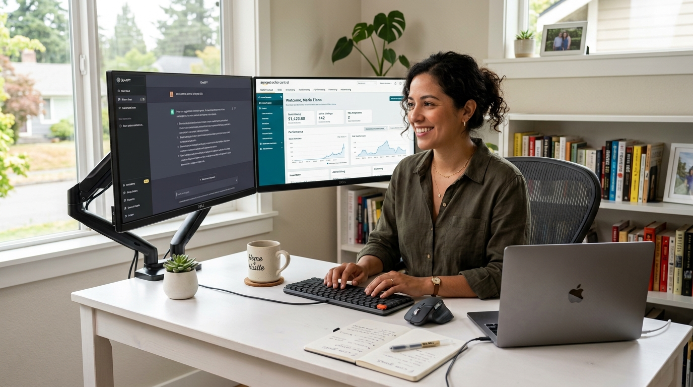 Amazon customer service virtual assistant using an AI copilot tool alongside Amazon Seller Central in a nearshore Latin American home office