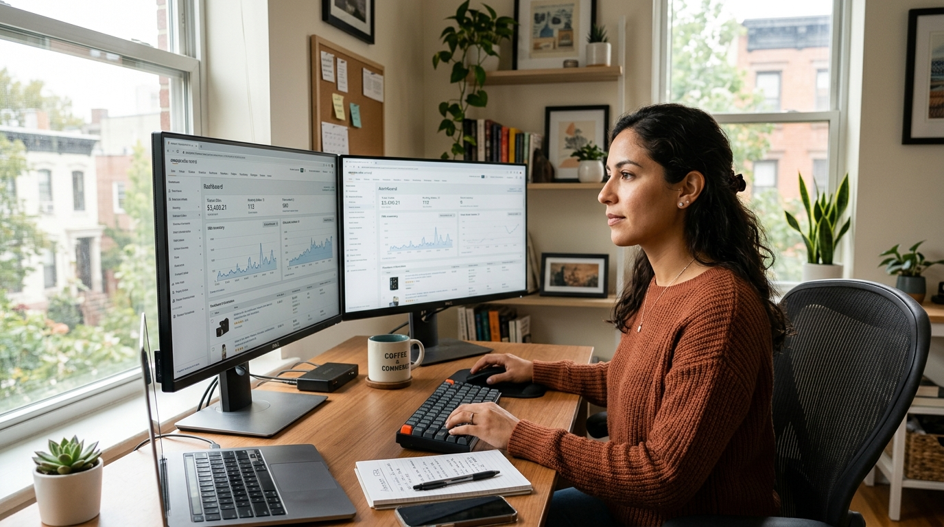 Nearshore Amazon FBA VA reviewing Seller Central inventory dashboard on dual monitors in a Latin American home office