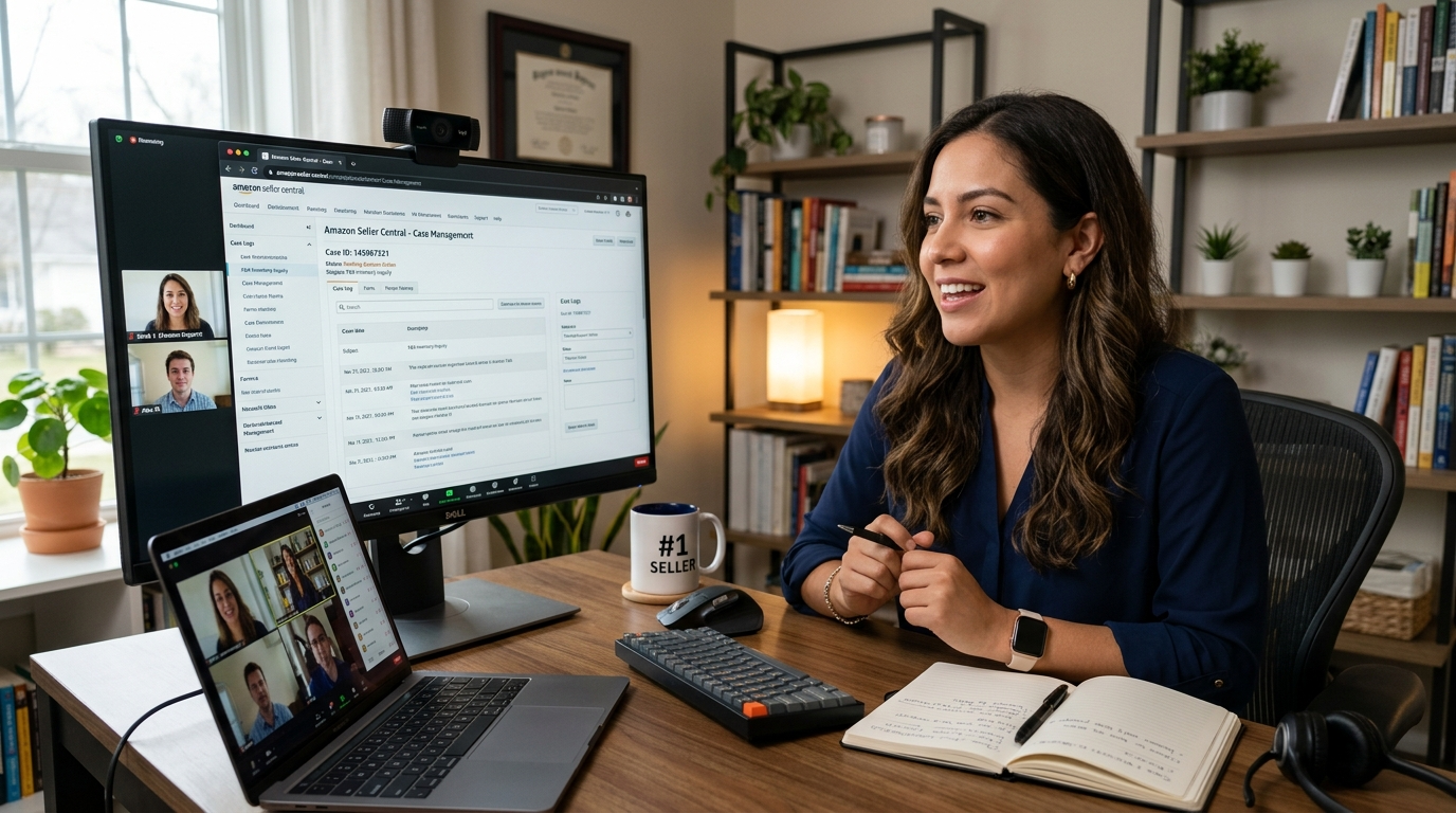 Amazon FBA VA conducting a structured Seller Central review during a client onboarding video call