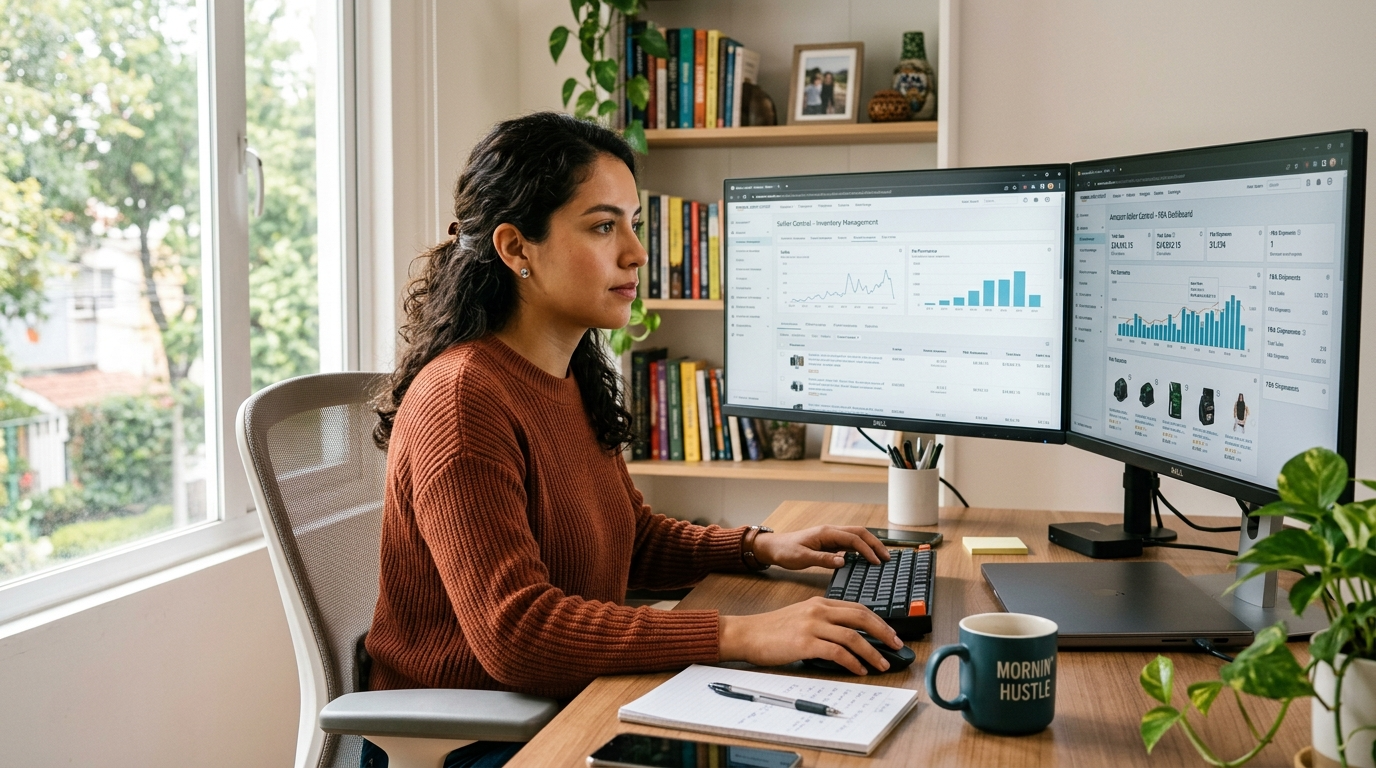 Nearshore Amazon FBA virtual assistant reviewing Seller Central dashboard on dual monitors in a bright Latin American home office