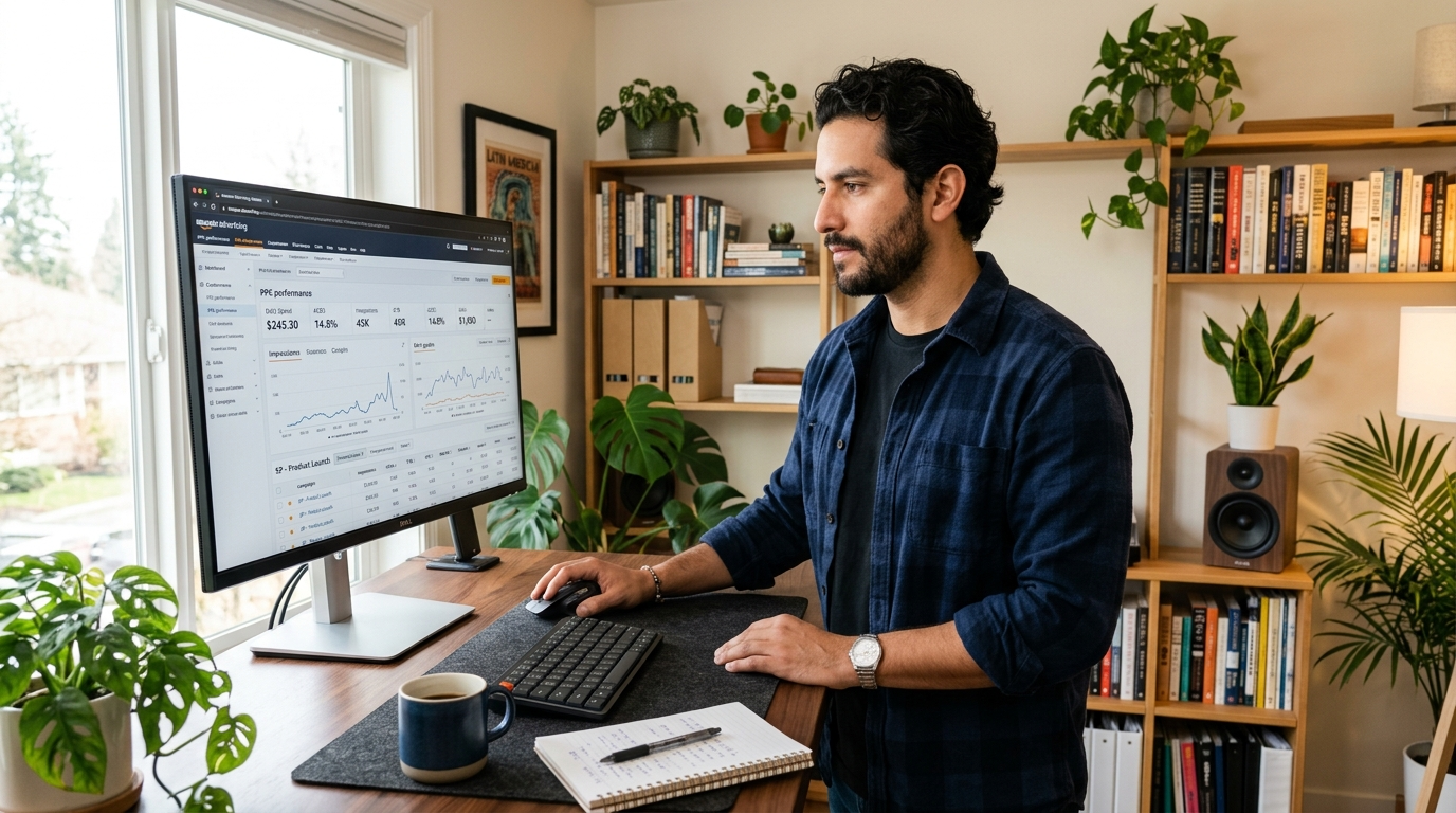 Amazon FBA virtual assistant analyzing PPC campaign performance on a large monitor in a Latin American home office