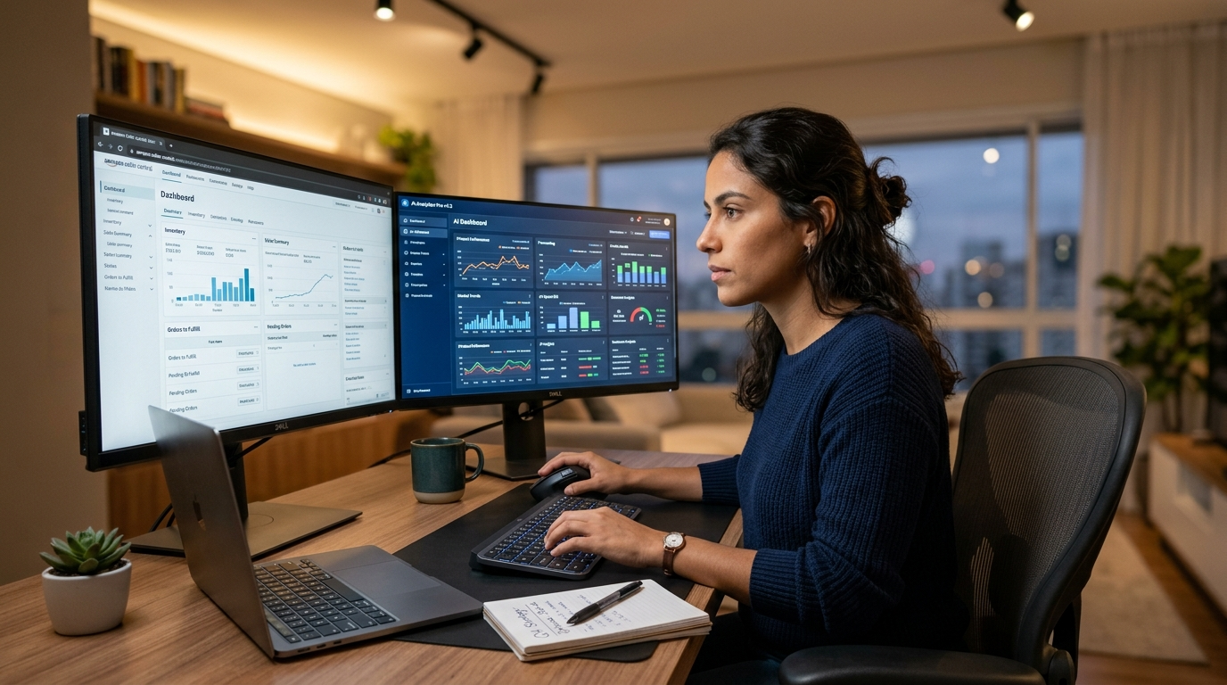 Amazon FBA virtual assistant using an AI copilot alongside Seller Central to optimize listings and manage inventory tasks