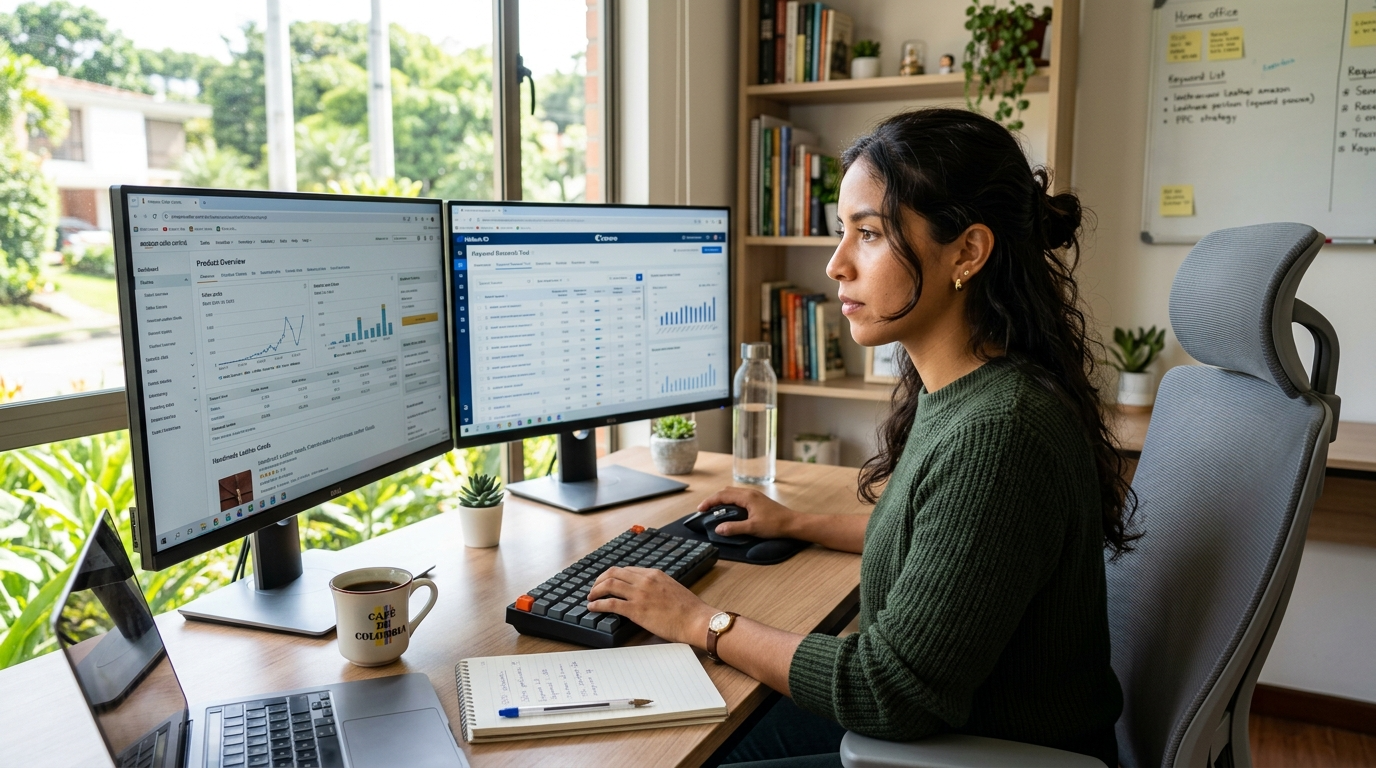 Nearshore Amazon listing optimization virtual assistant reviewing keyword data on dual monitors in a Latin American home office