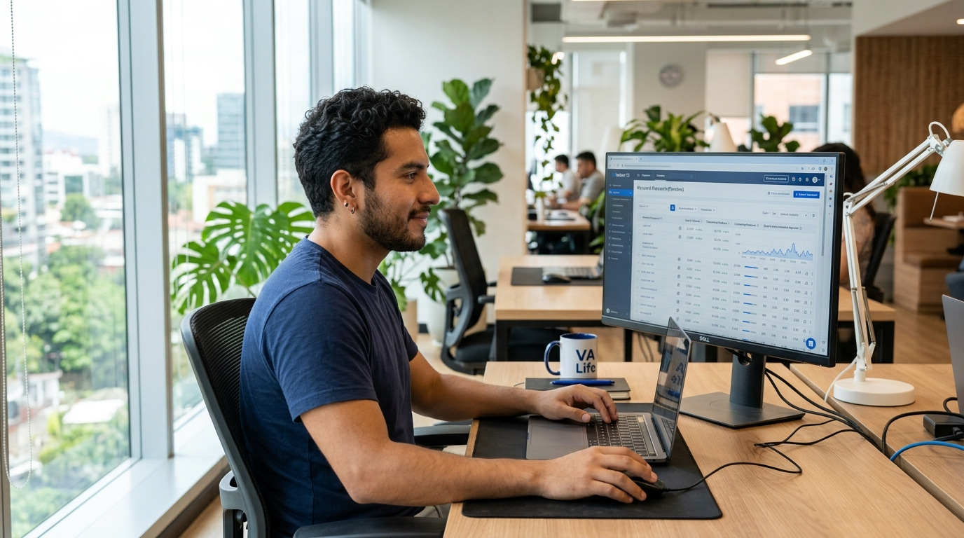 Amazon listing optimization VA reviewing Helium 10 keyword research data on a monitor in a modern Latin American office