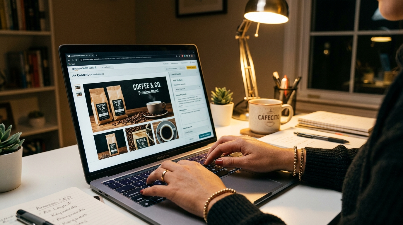 Amazon listing optimization virtual assistant editing A+ Content in Amazon Seller Central on a laptop with warm office lighting
