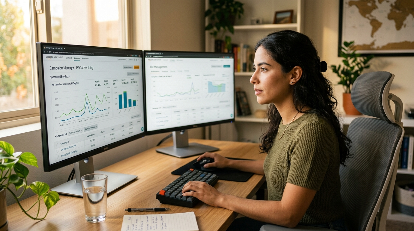 Latin American Amazon PPC specialist virtual assistant reviewing Sponsored Products campaign data on dual monitors in a modern home office