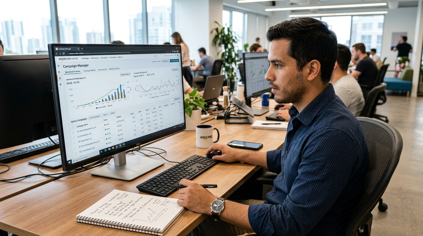 Amazon PPC specialist virtual assistant from Latin America analyzing Sponsored Products bids in Seller Central dashboard
