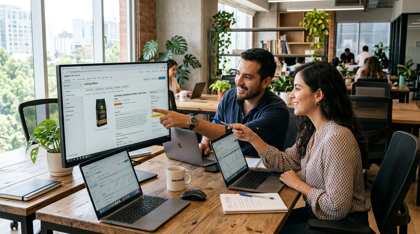 Nearshore Amazon PPC and listing optimization virtual assistants collaborating on campaign and listing data in a modern workspace