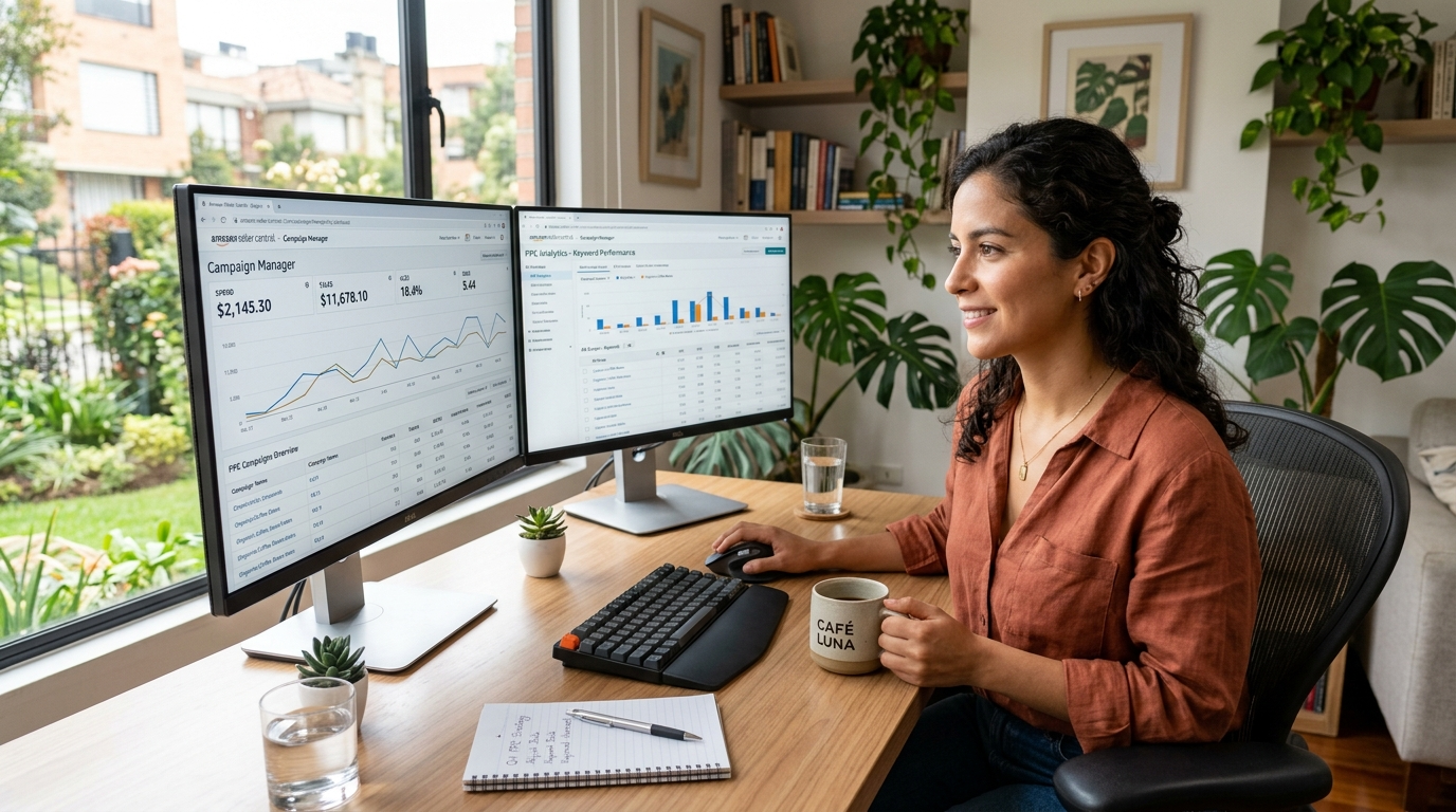 Latin American VA managing Amazon PPC campaigns on dual monitors showing Seller Central advertising dashboard in 2026