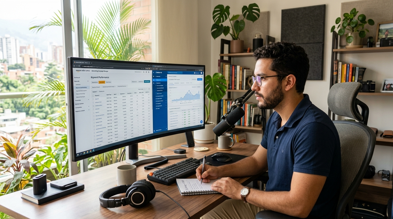 Nearshore Amazon PPC virtual assistant reviewing keyword reports in Amazon Seller Central advertising console