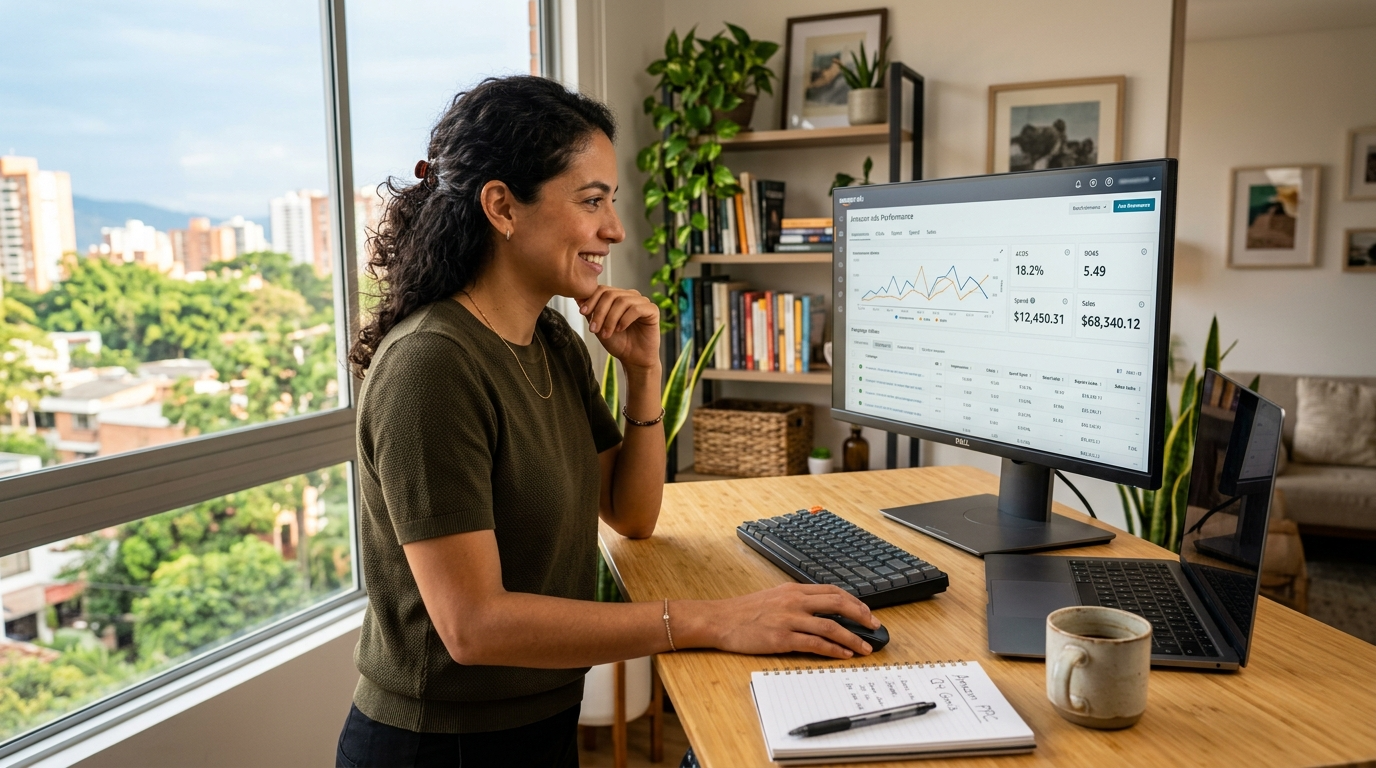 Amazon PPC virtual assistant analyzing campaign ACoS and ROAS trends on a monitor showing advertising performance graphs