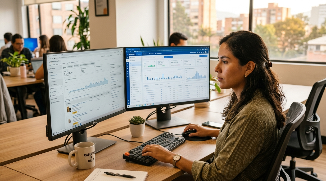 Amazon product research virtual assistant reviewing Helium 10 keyword data on dual monitors in a Latin American home office