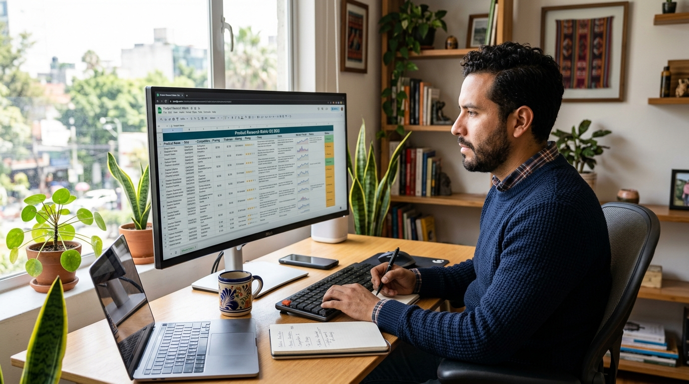 Amazon product research virtual assistant building a product opportunity matrix in Google Sheets on a wide monitor
