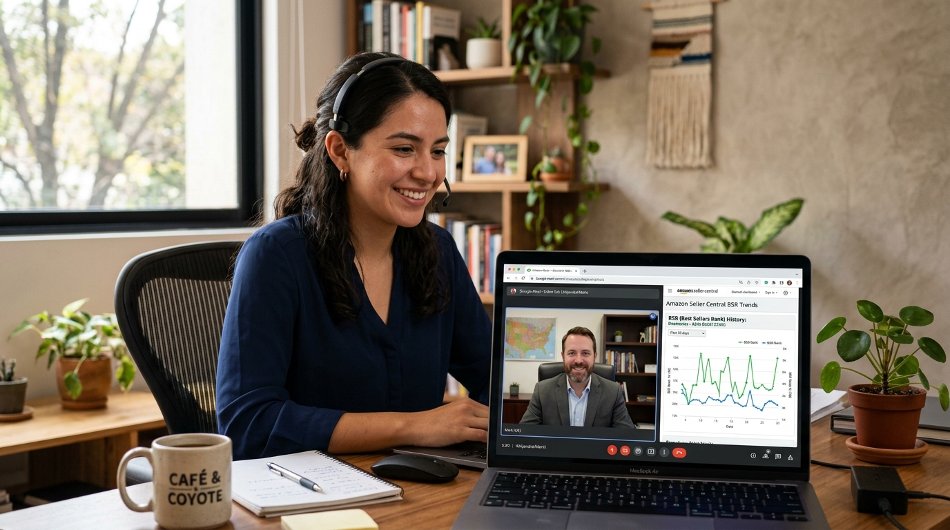 Nearshore Amazon VA on a real-time video call with US seller client reviewing BSR chart data and product opportunity findings