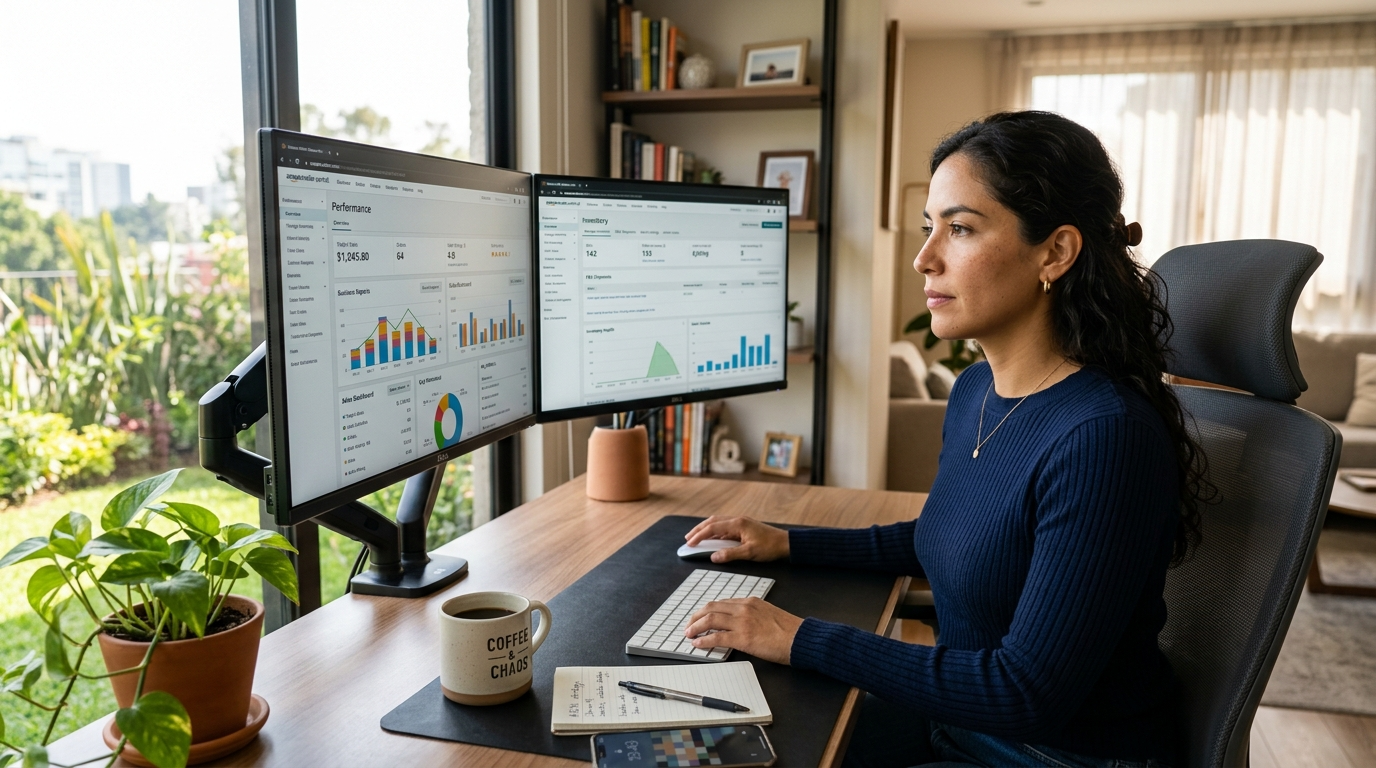Latin American Amazon seller central virtual assistant reviewing Seller Central dashboard on dual monitors in a bright home office