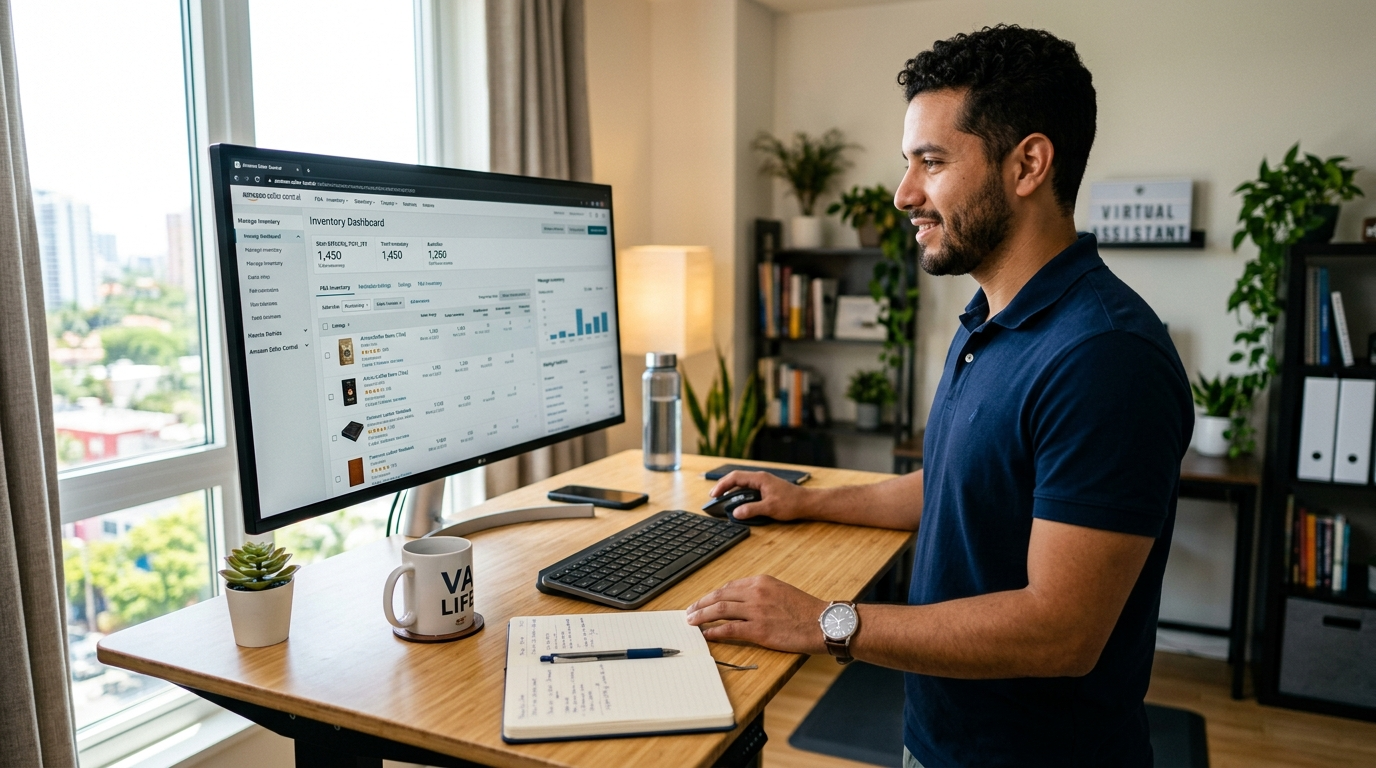 Nearshore Amazon seller central virtual assistant monitoring FBA inventory dashboard at a standing desk in a modern Latin American home office
