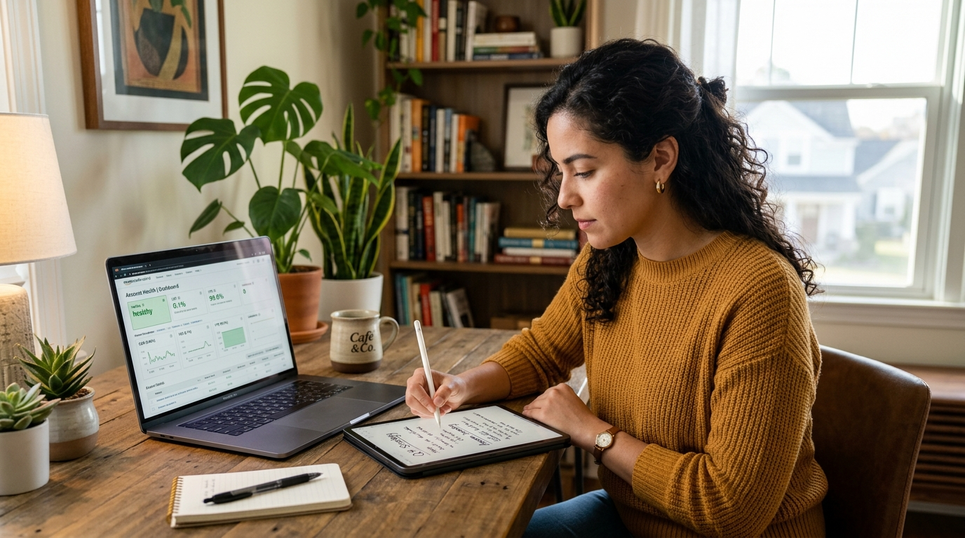 Nearshore Amazon seller central virtual assistant reviewing account health metrics and documenting SOPs on a tablet in a Latin American home office