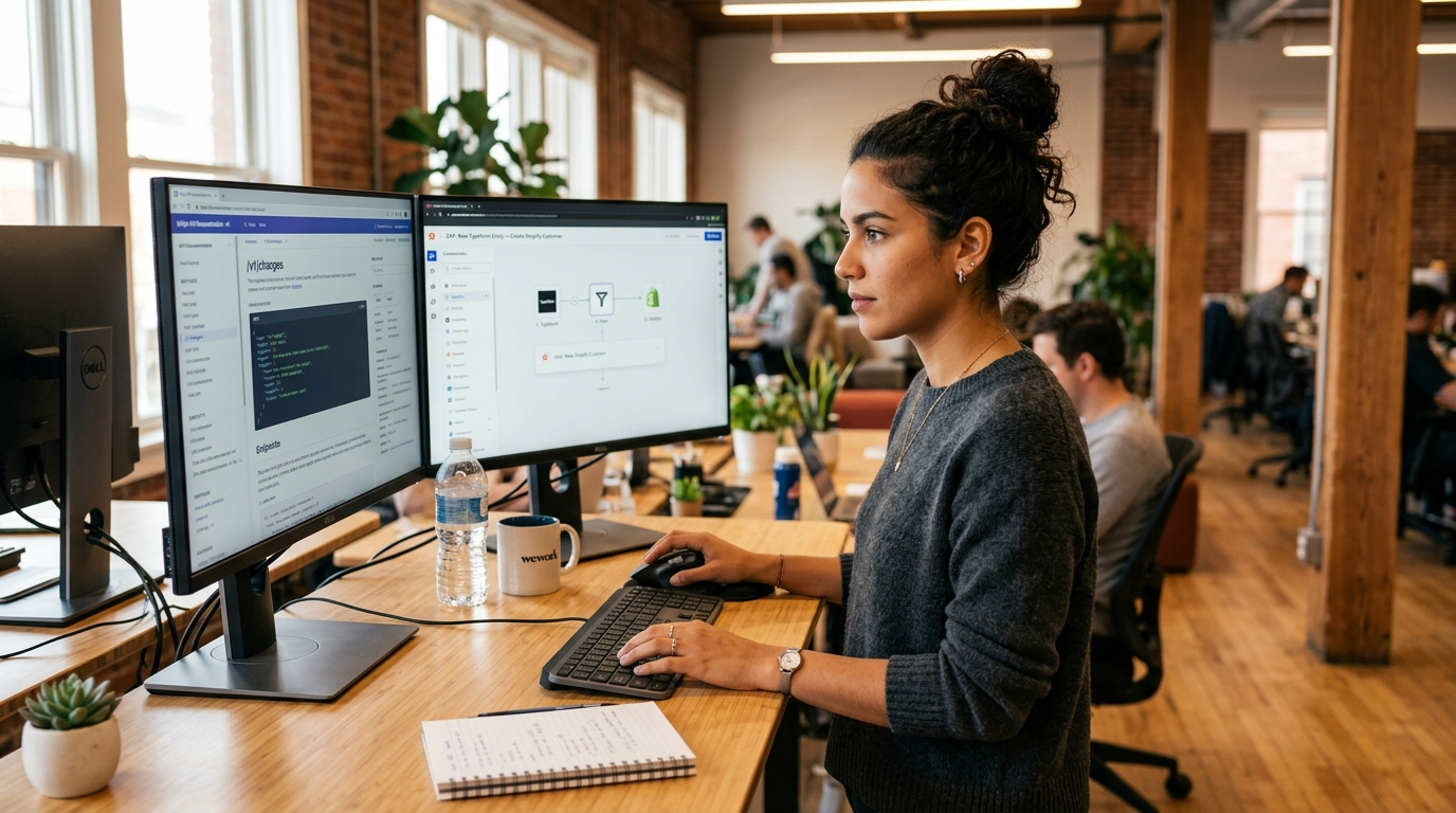 Nearshore API integration virtual assistant reviewing webhook documentation on dual monitors in a Latin American co-working office