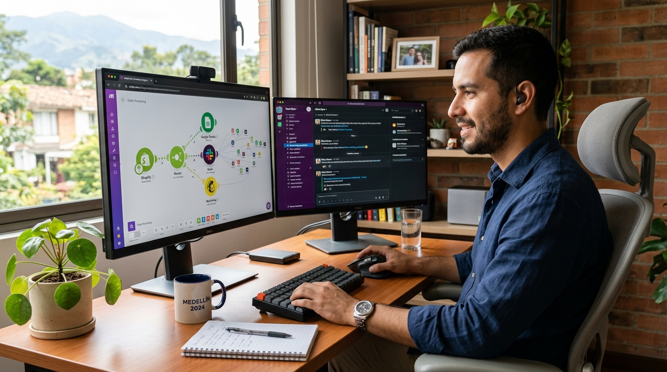 API integration virtual assistant building a Make.com automation workflow connecting CRM and accounting software