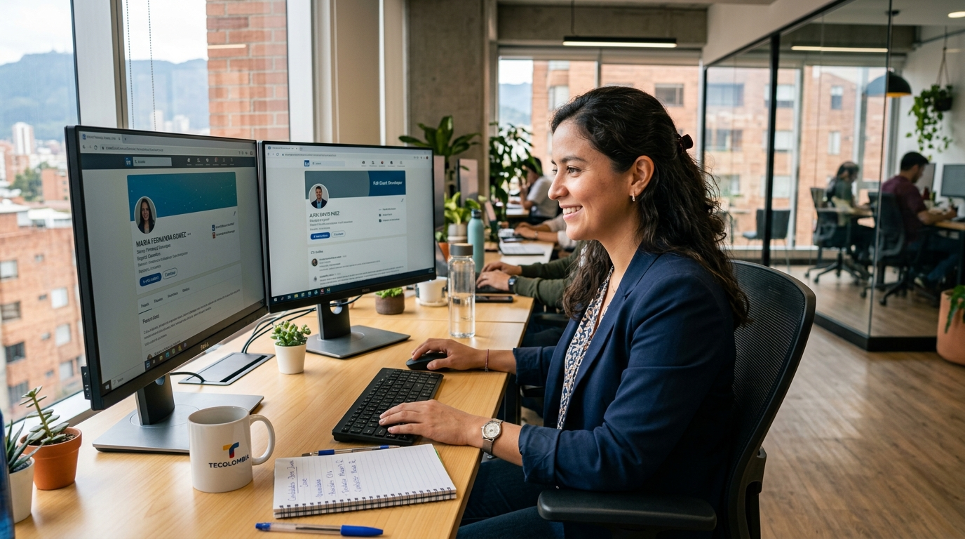 Nearshore app developer recruiter reviewing candidate profiles on dual monitors in a modern Latin American office
